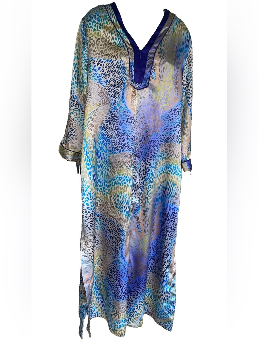 Oscar de la Renta Pink Label Kaftan Dress XL Blue Animal Print Maxi Lounge RARE